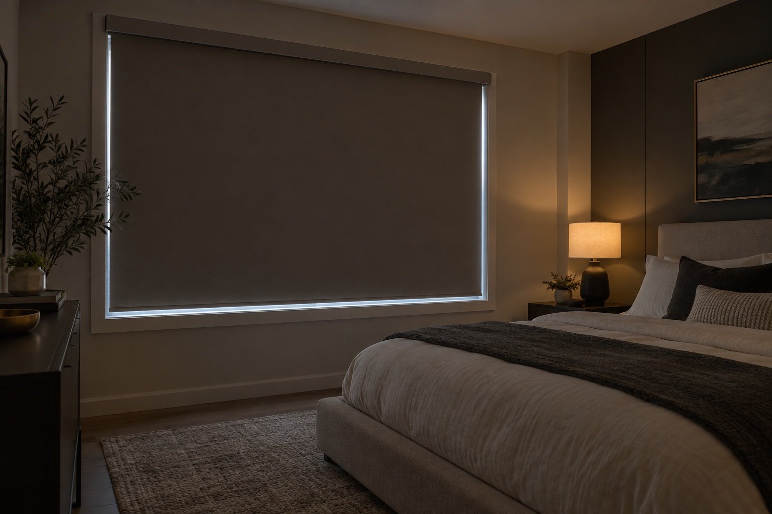 Opaque Blackout Roller Blind darkening a modern bedroom