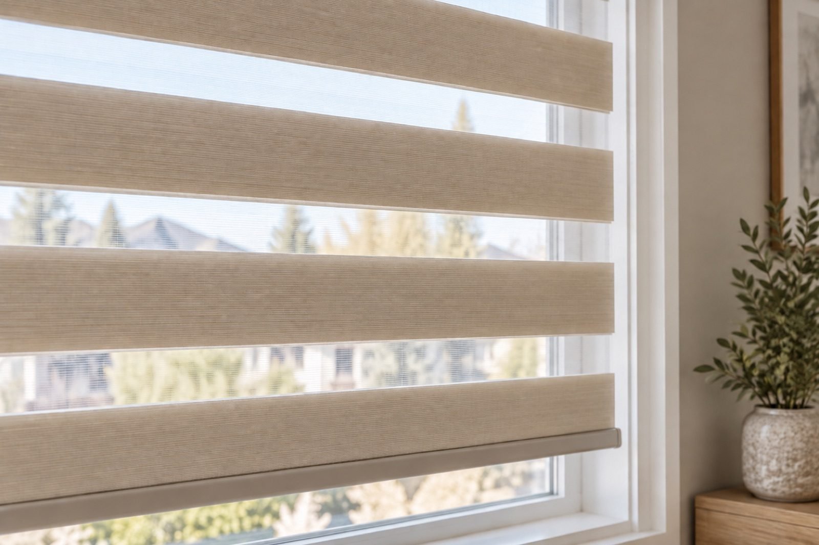 Close view of layered zebra blinds in a modern room