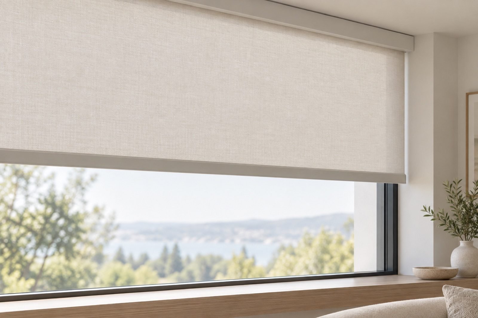 Light-filtering roller blind installed over a large window
