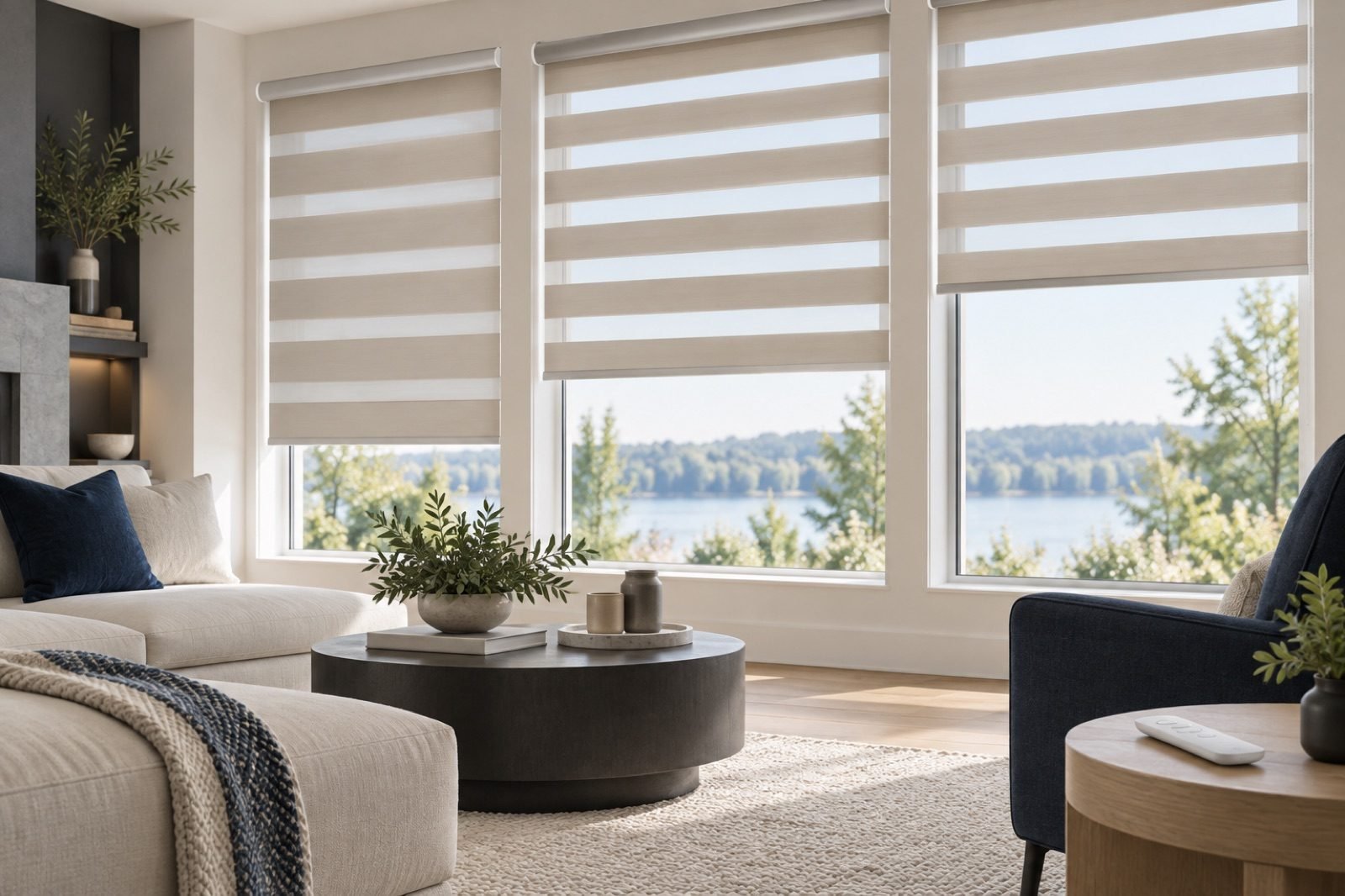 Multiple motorized blinds with a remote visible on the side table
