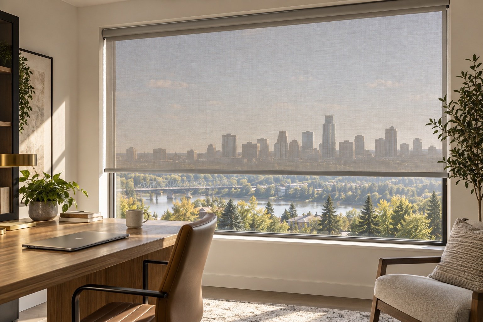 Solar screen Roller Blind reducing glare while preserving an Edmonton view